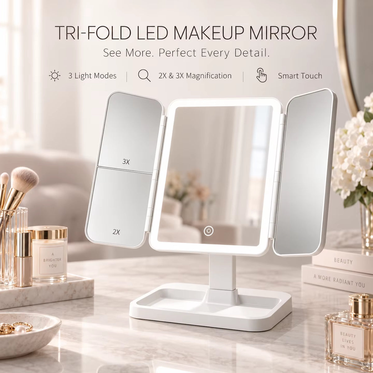 TRIPLE TAKE — Rechargeable LED Tri-Fold Vanity Mirror