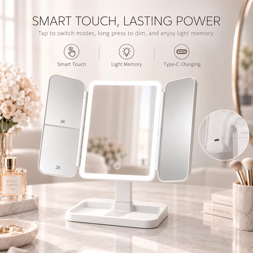 TRIPLE TAKE — Rechargeable LED Tri-Fold Vanity Mirror